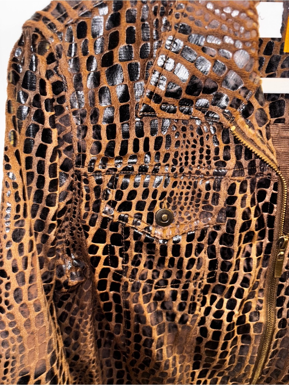 Ruby Rd. Sz.10 Croc-Embossed Glossy Brown Faux Leather Jacket ptp:21 length:22 - Picture 5 of 10